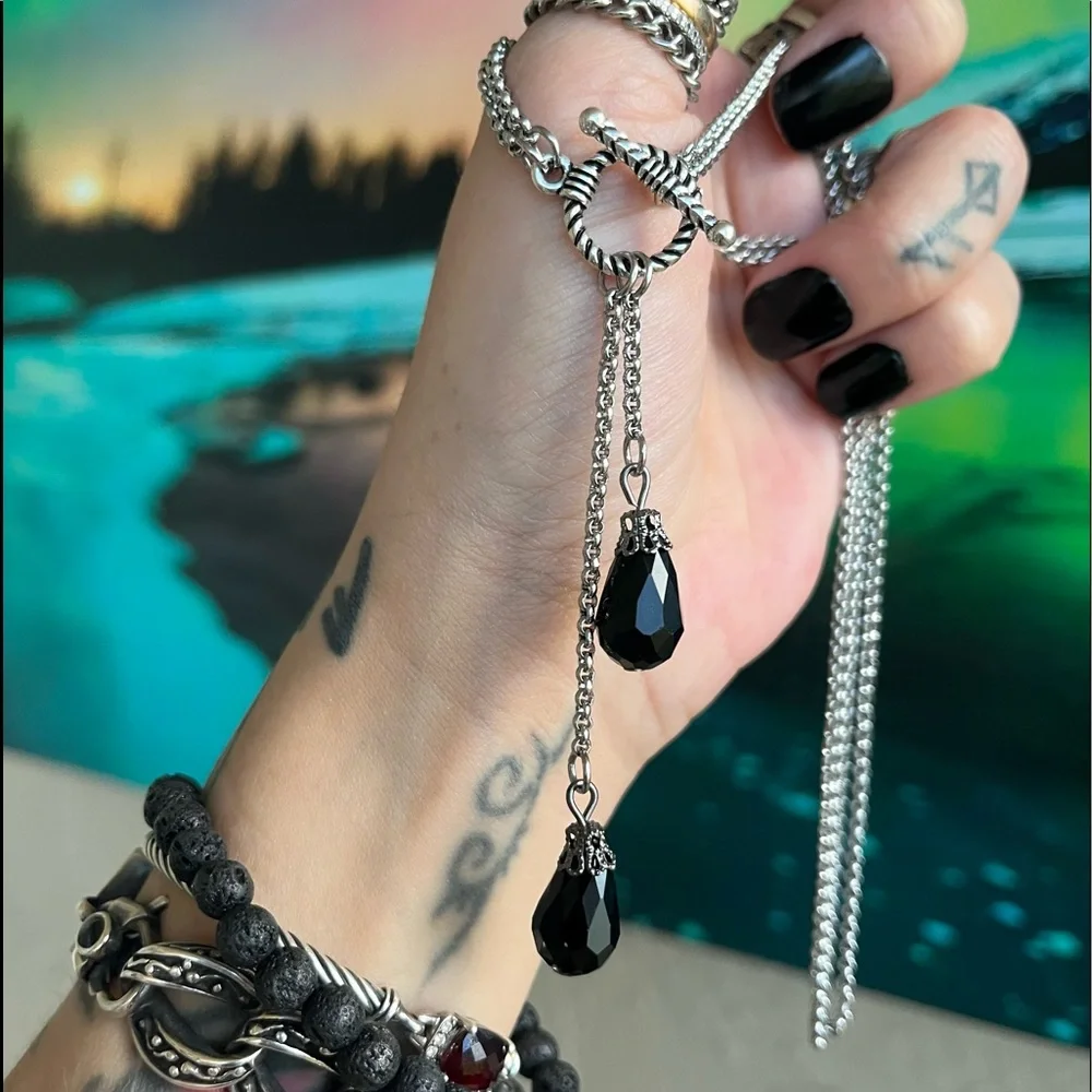 Y shape lariat double chain necklace Set black crystals ( necklace + earrings )_13
